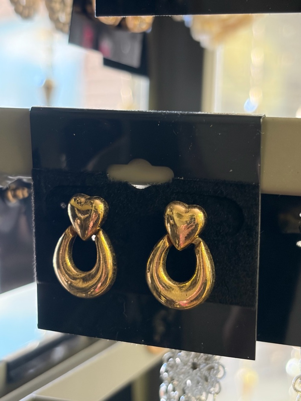 Vintage Gold Heart Drop Hoop Earrings